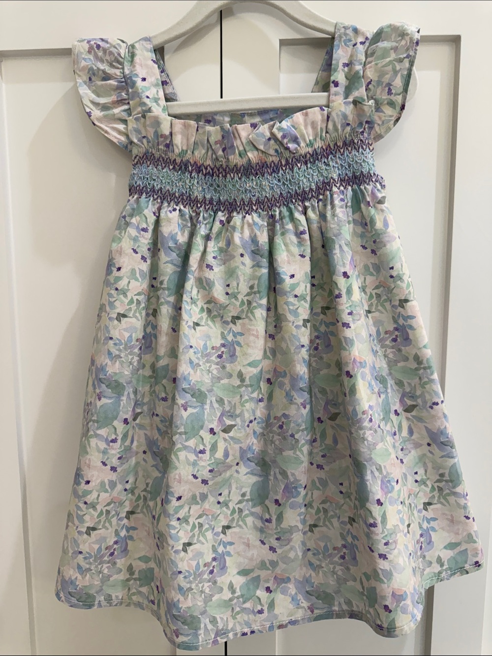 Smocked Floral Sundress in Pastel Watercolor Floral Green & Lavender Print 90cm